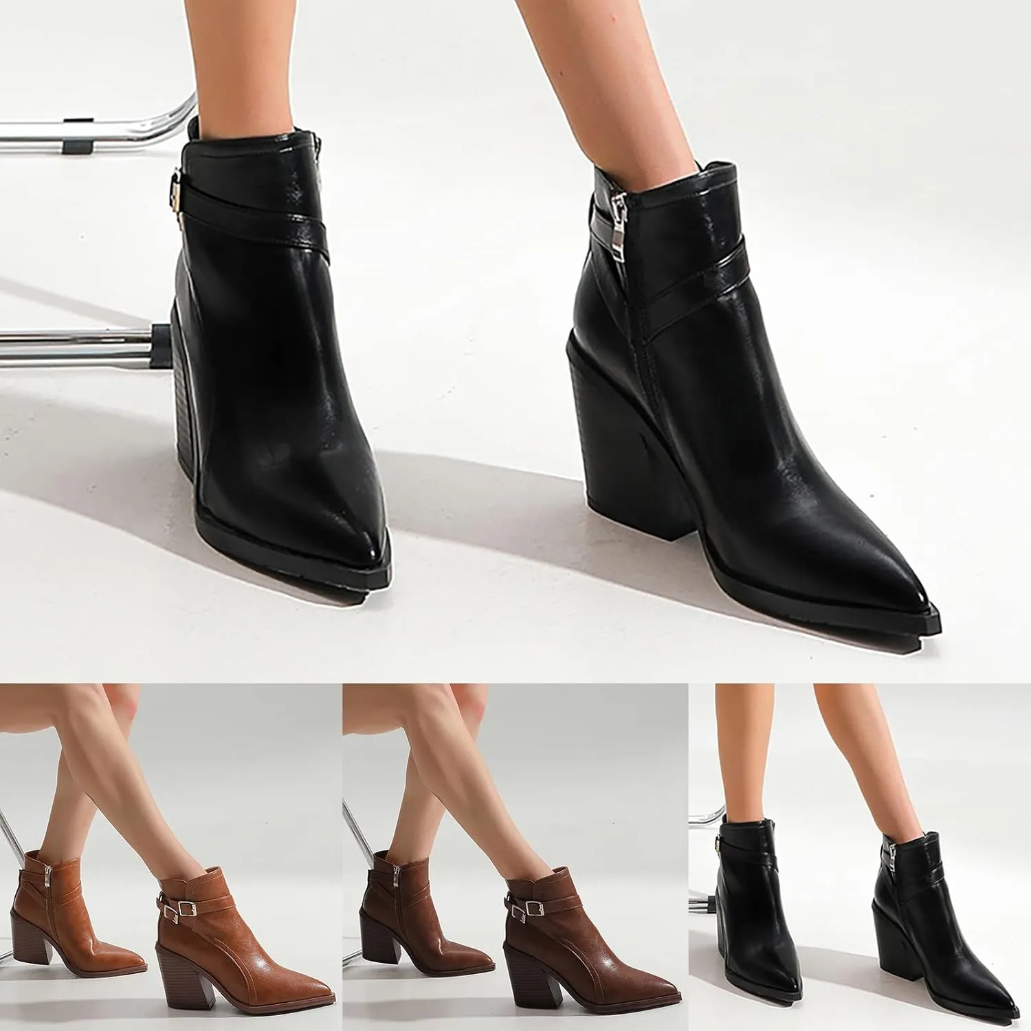 Ankle Booties for Women Chunky Heel Boots Women Pointed Toe High Heel Chunky Heel Slip On Fashion Party Shoes Boots