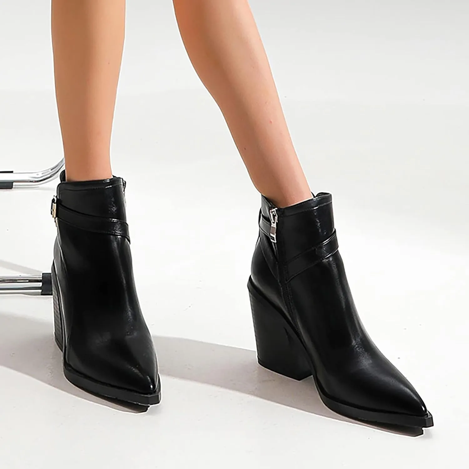 Ankle Booties for Women Chunky Heel Boots Women Pointed Toe High Heel Chunky Heel Slip On Fashion Party Shoes Boots
