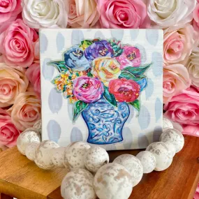 AUDRA STYLE | COLORFUL BOUQUET WOOD BLOCK FLORAL DECOR SIGN 5.5"X5.5"