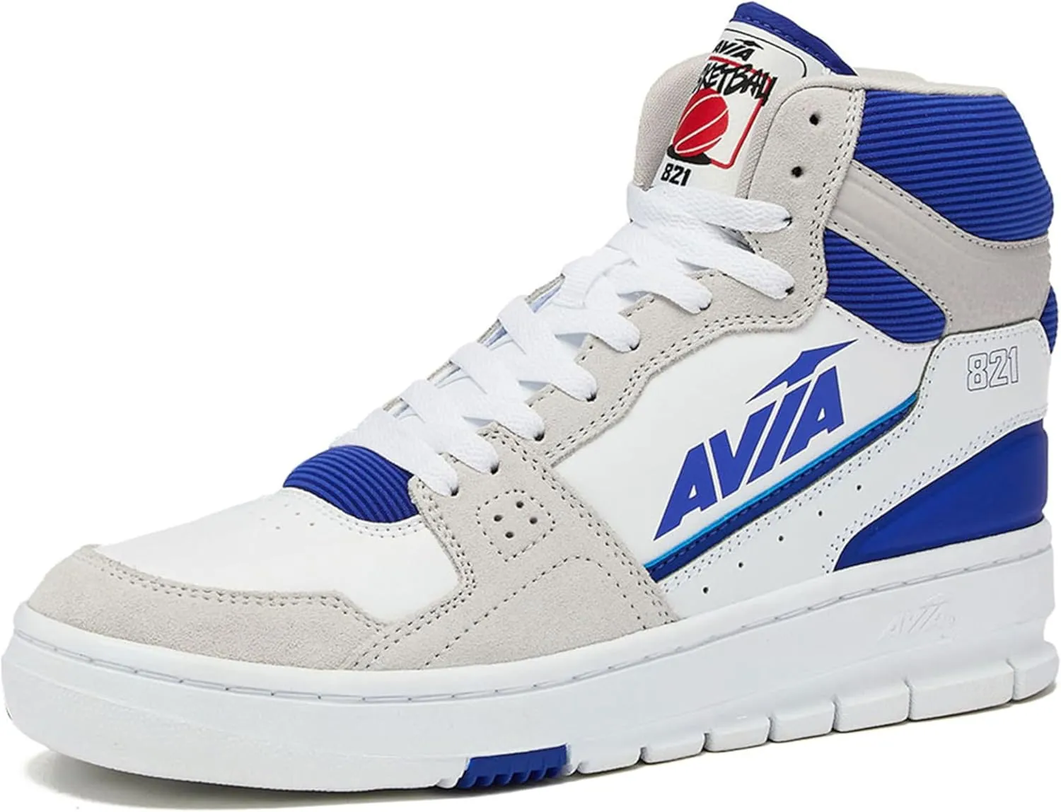 Avia 821 High Top Sneakers for Men, Indoor or Outdoor Mens Basketball Shoes - White/Silver Grey/Navy Blue, 10 Medium