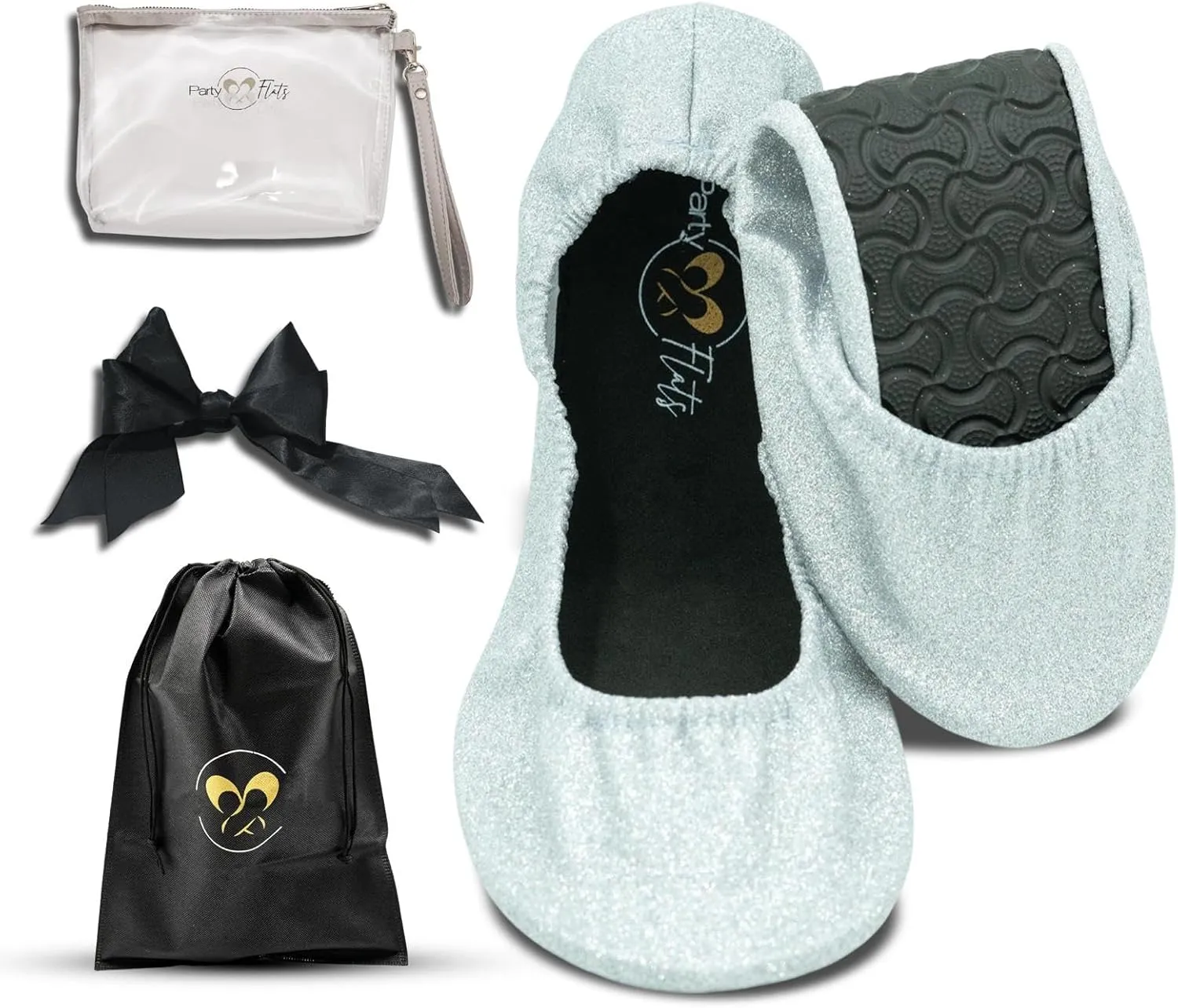 Ballet Slippers for Women | Foldable Ballerina Shoes for Purse with Heels Bag and Hair Bow | Comfortable for Travel Concert, Stylish Evening Dress | Stretchy for Wide Width and Narrow Feet