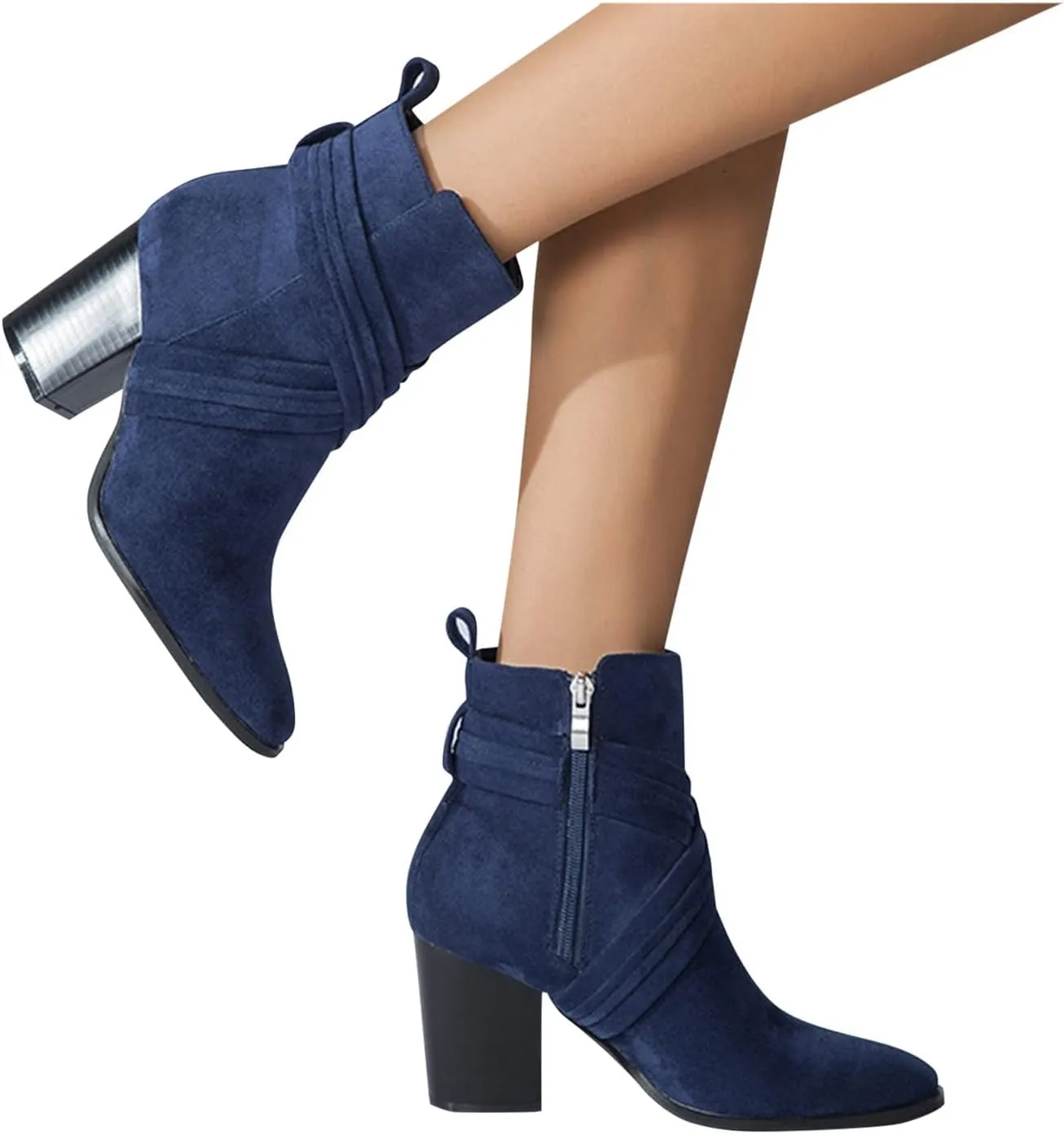 Bcshiye Women Chunky High Heel Ankle Boots Chelsea Pointed Toe Booties Square Toe Slip On Criss Cross Zipper Booties