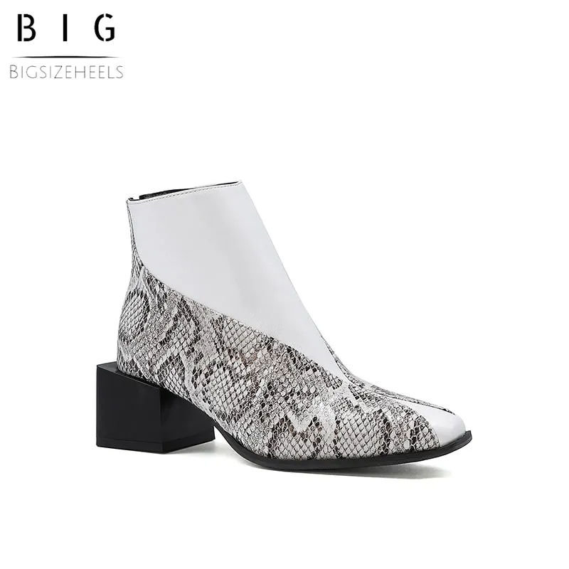 Bigsizeheels Jiek magazine stitching square heel ankle boots - Snakeskin