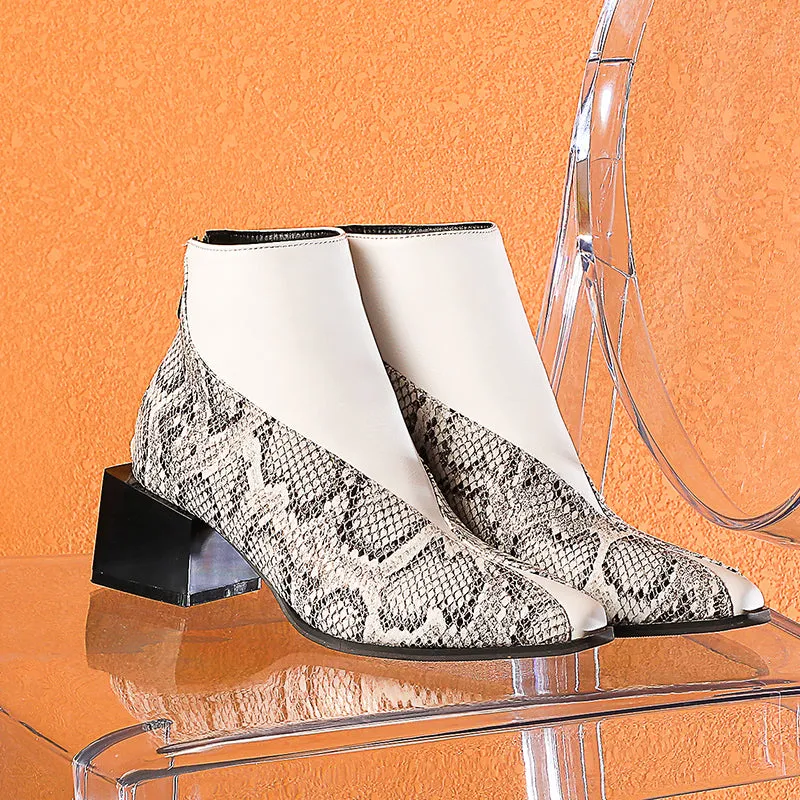 Bigsizeheels Jiek magazine stitching square heel ankle boots - Snakeskin