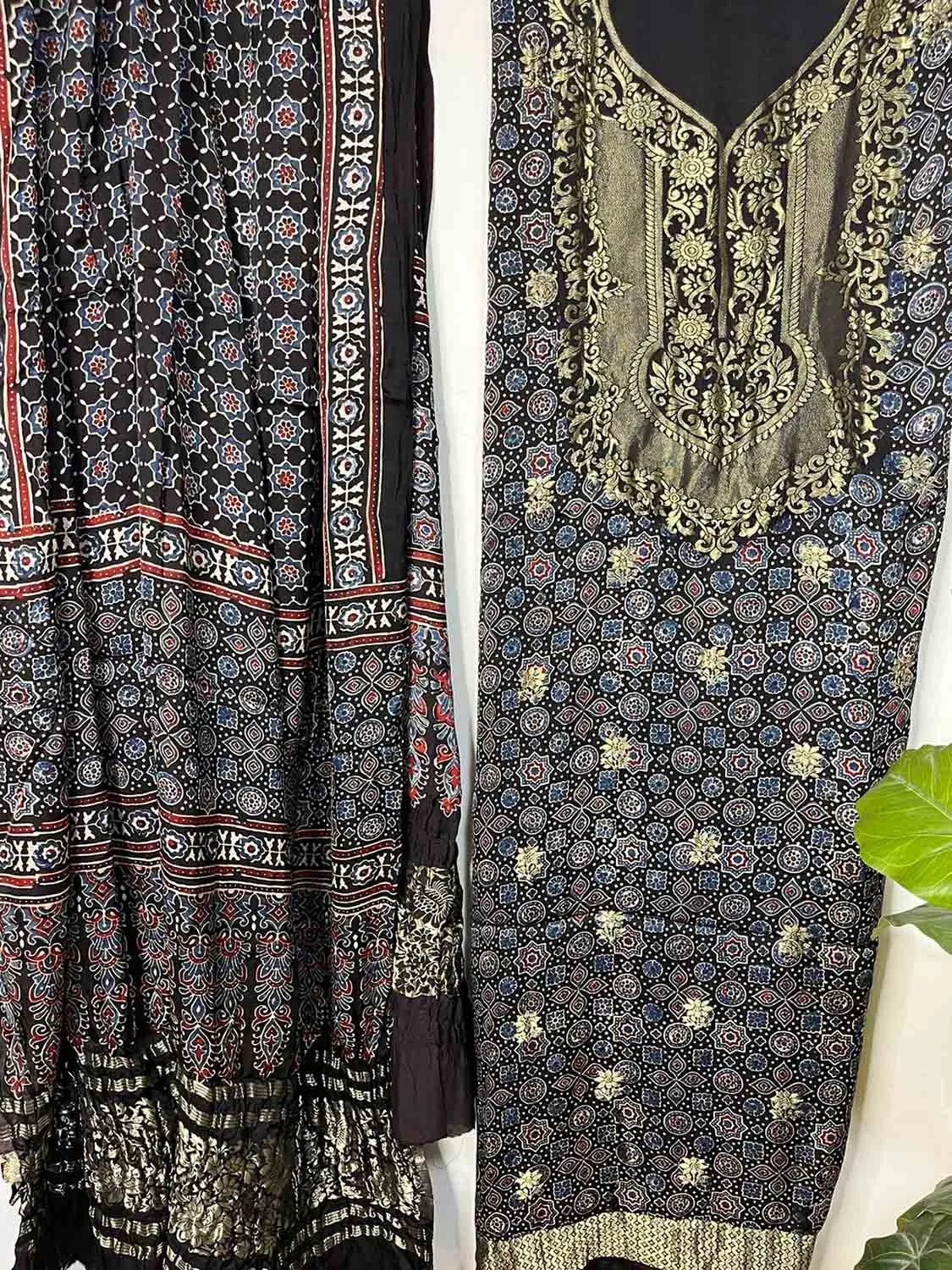 Black Ajrakh Block Printed Pure Modal Silk Unstitched Two Piece Suit Set