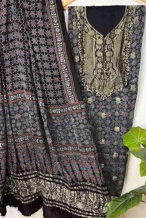 Black Ajrakh Block Printed Pure Modal Silk Unstitched Two Piece Suit Set