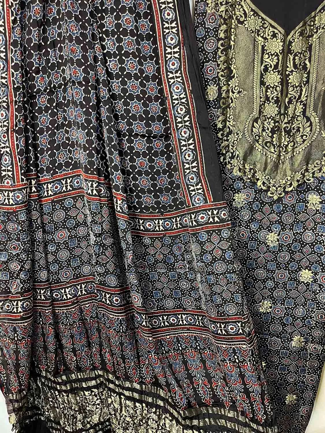 Black Ajrakh Block Printed Pure Modal Silk Unstitched Two Piece Suit Set