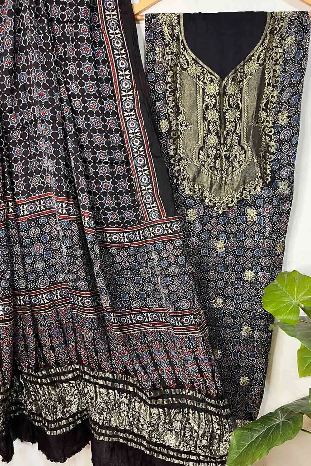 Black Ajrakh Block Printed Pure Modal Silk Unstitched Two Piece Suit Set
