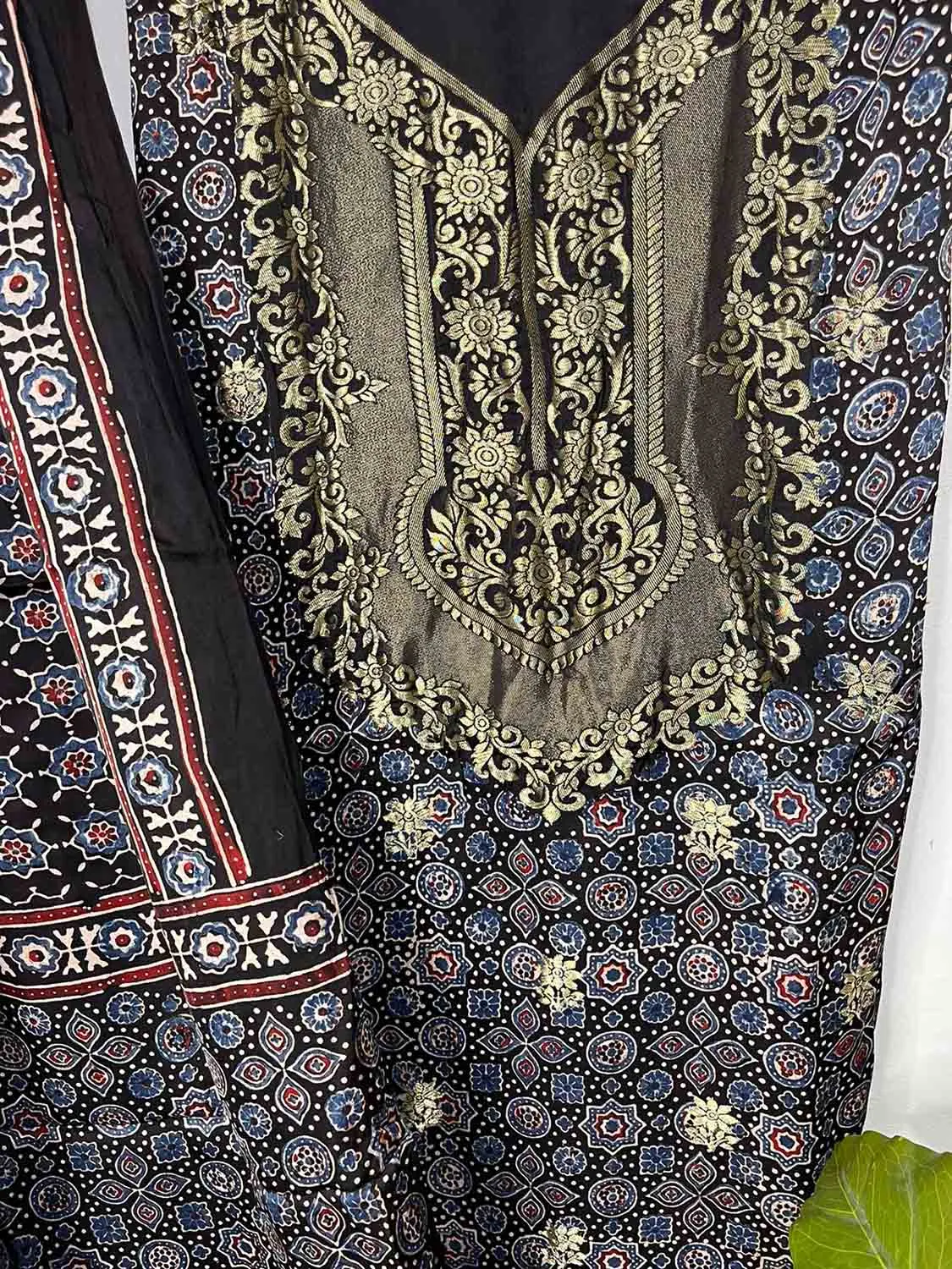 Black Ajrakh Block Printed Pure Modal Silk Unstitched Two Piece Suit Set