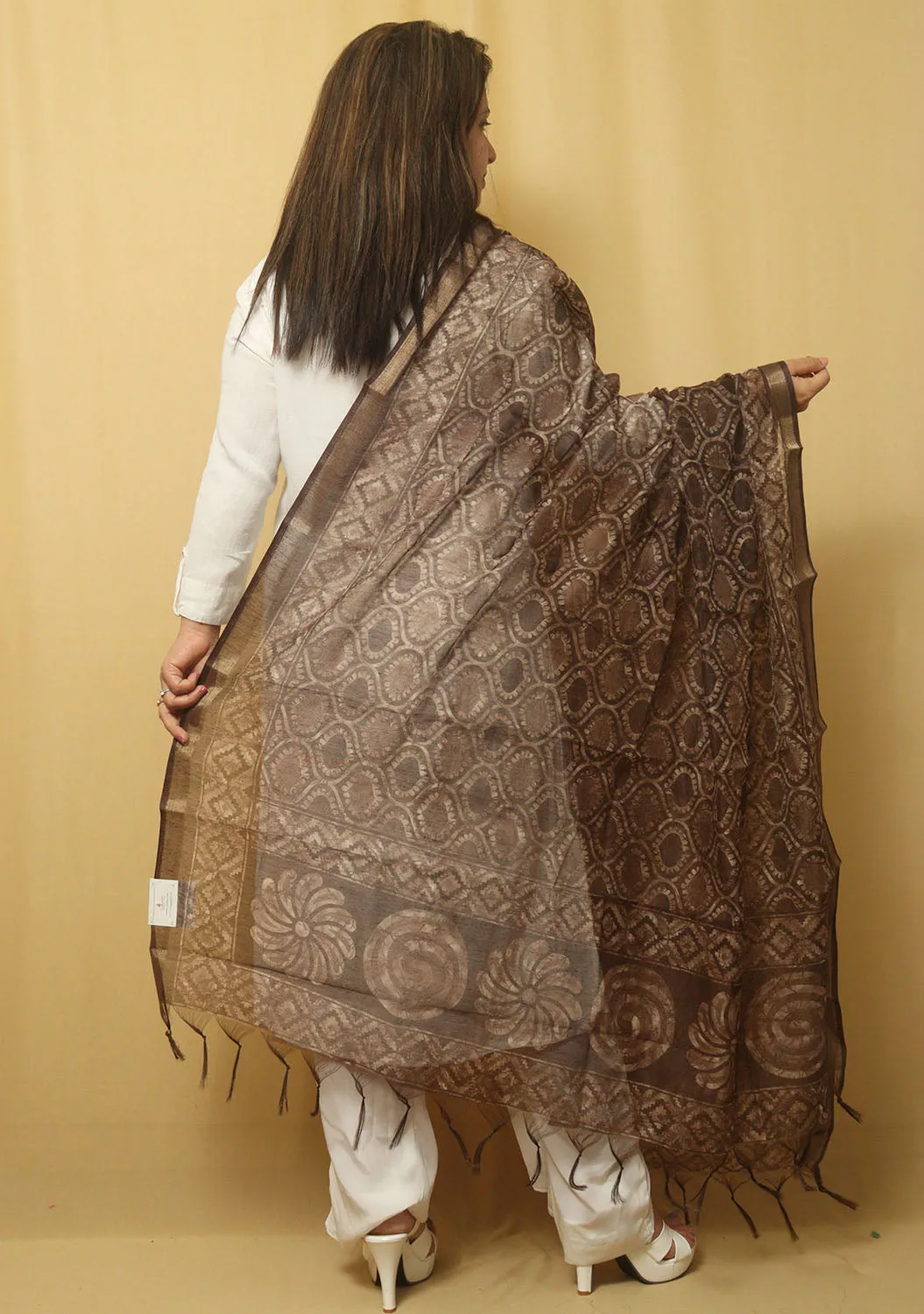 Block Printed Brown Chanderi Silk Dupatta - Stylish and Chic