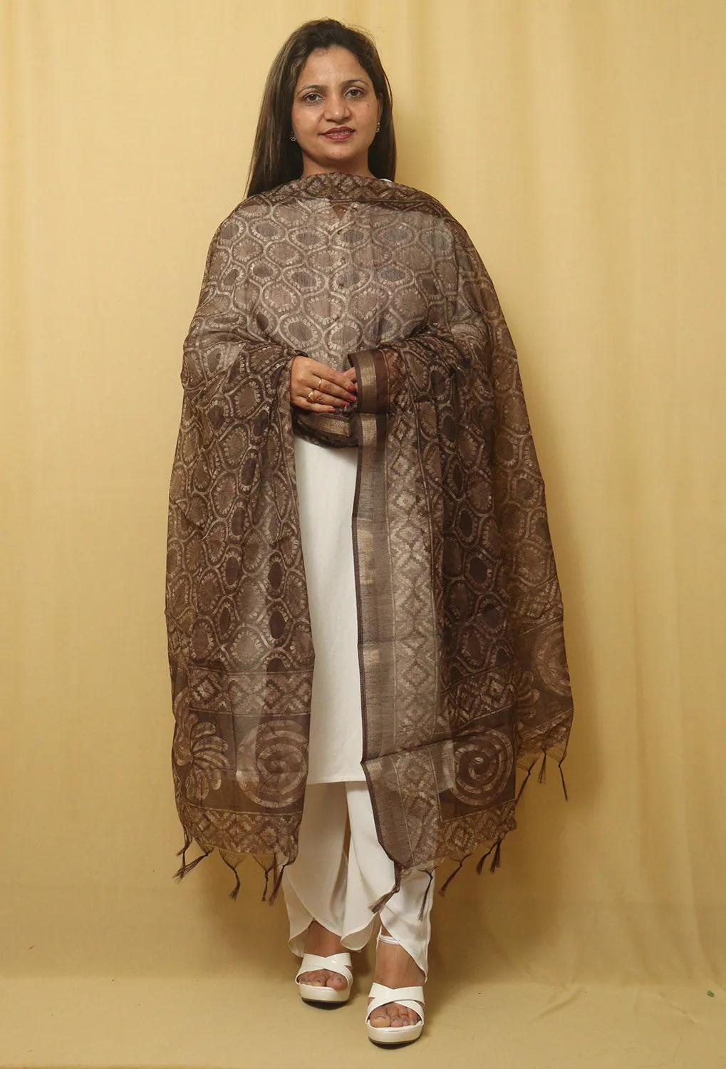Block Printed Brown Chanderi Silk Dupatta - Stylish and Chic