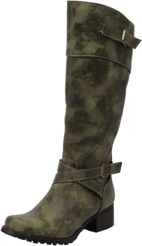 ClassicSter Womens Knee High Boots Block Chunky Mid Heels Combate Booties Strappy Buckle Motorcycle Riding Boots With Zip