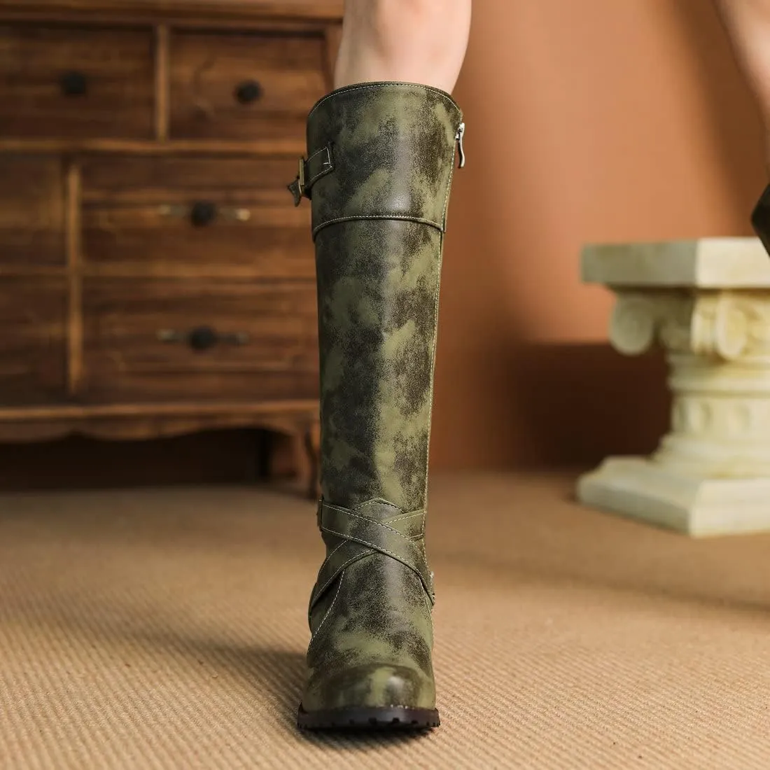 ClassicSter Womens Knee High Boots Block Chunky Mid Heels Combate Booties Strappy Buckle Motorcycle Riding Boots With Zip