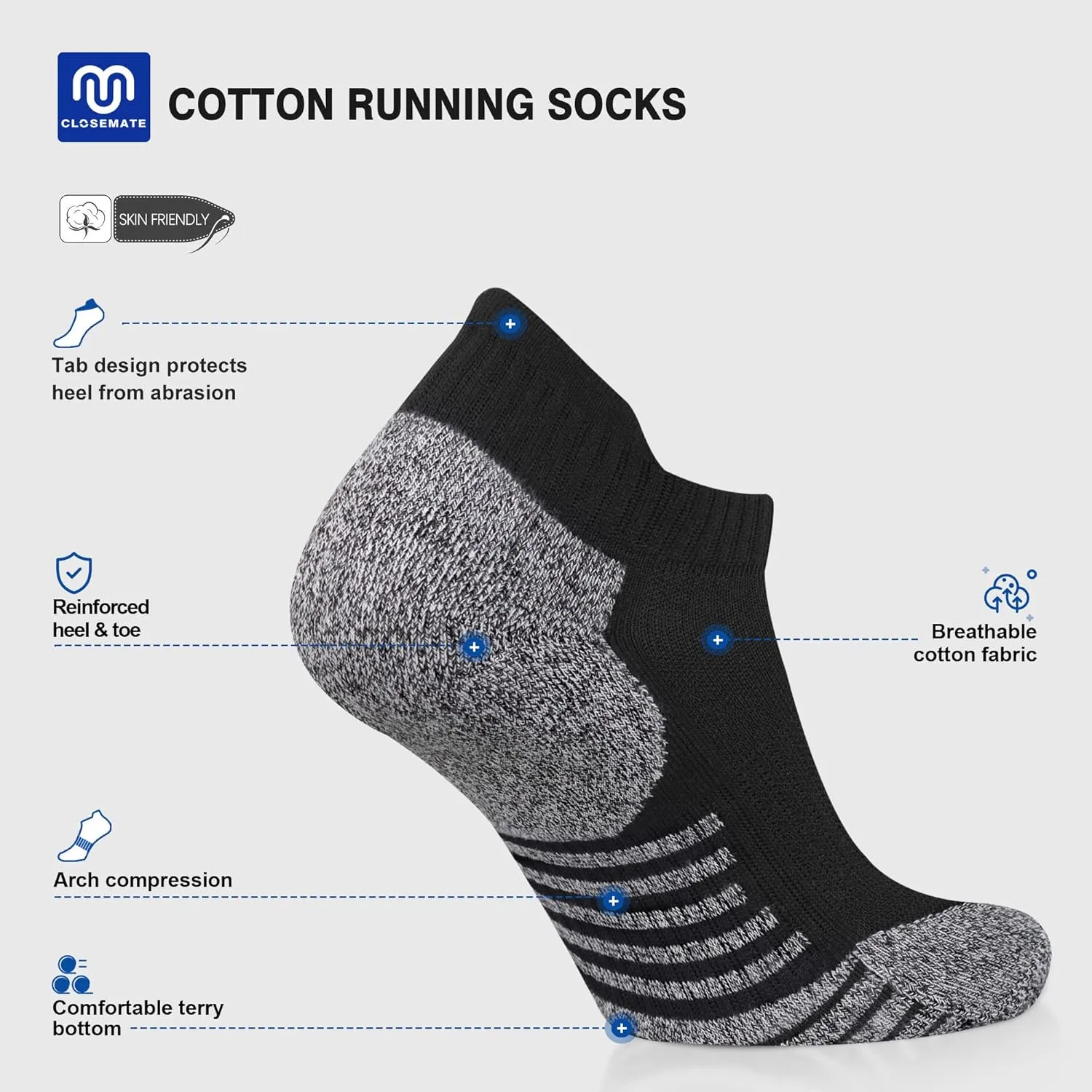 CLOSEMATE Mens Ankle Athletic Running Socks Cushioned Anti-Blister Low Cut for Sports 6 Pairs