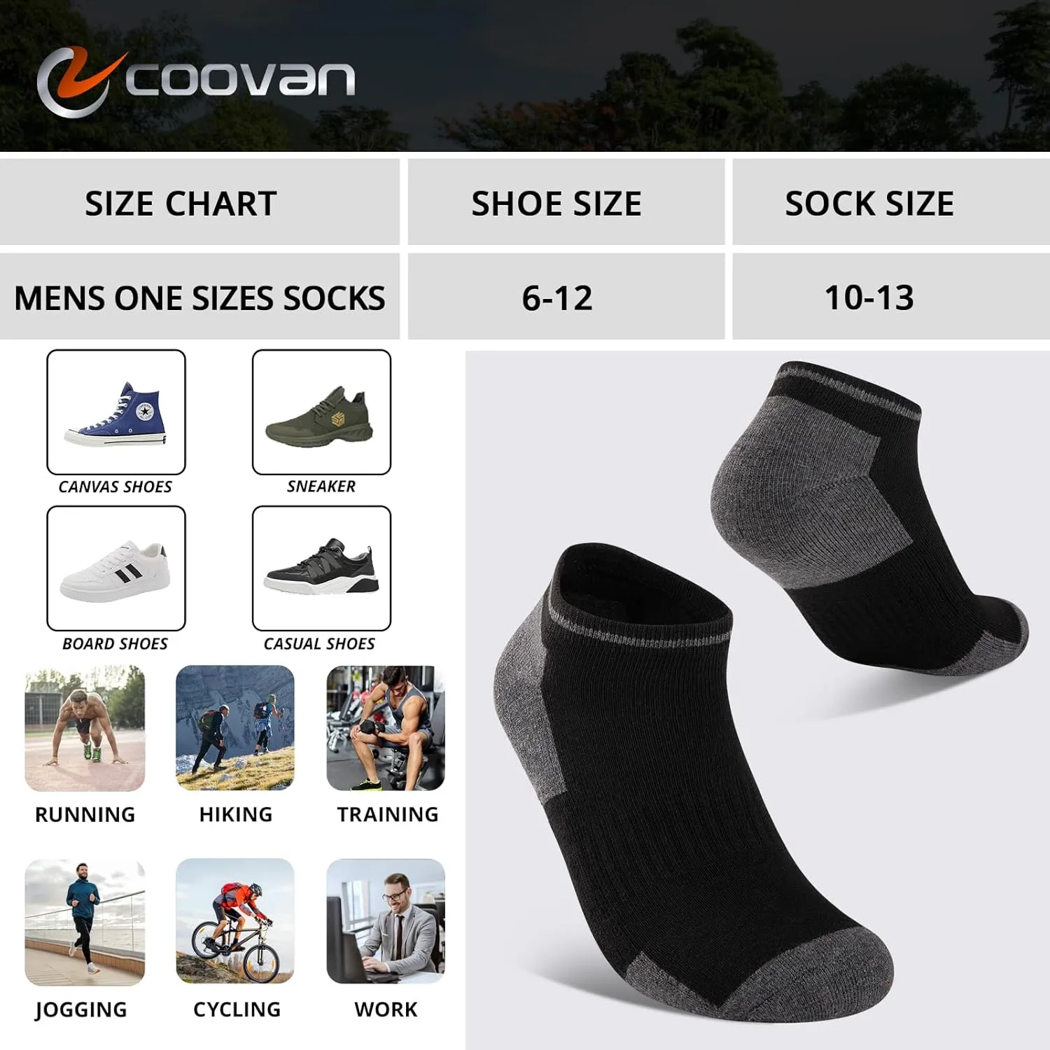 COOVAN Mens Athletic Ankle Socks Running Cushioned Breathable Low Cut Sports Workout Socks（12 Pairs）