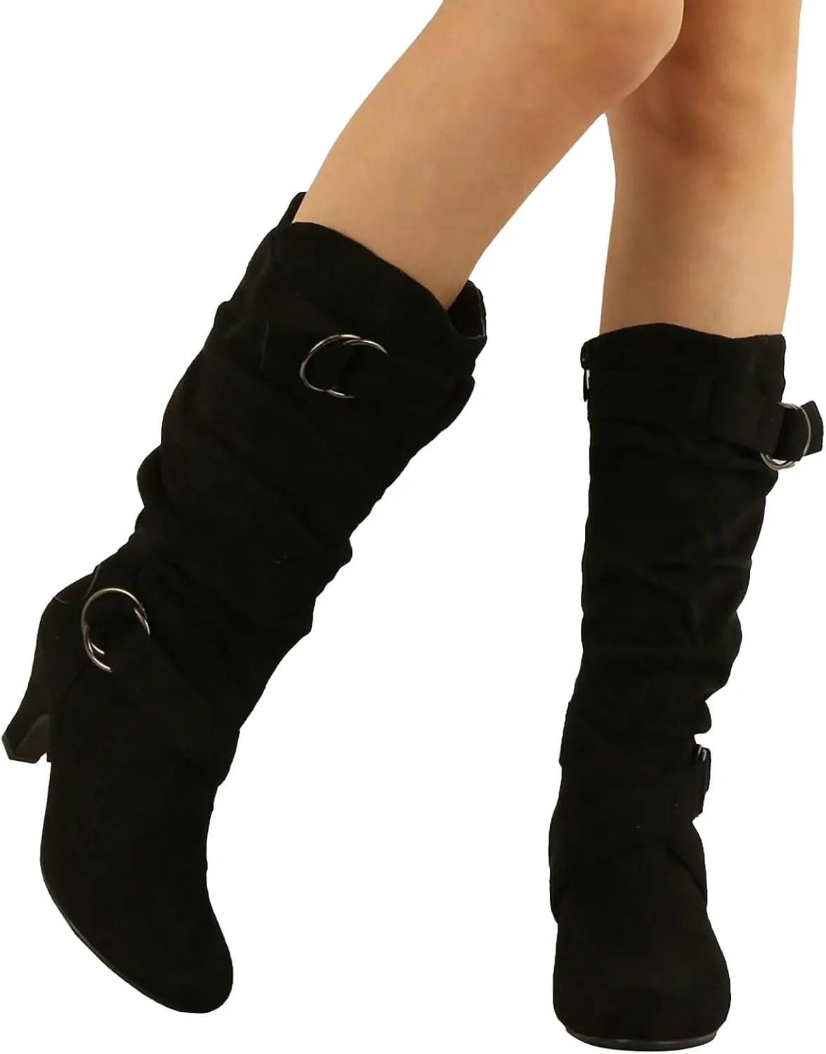 Cowboy Boots For Women Suede Cross Belt Thigh High Boots Low Heeled Pull On Knee High Boots Mid Calf Bootie