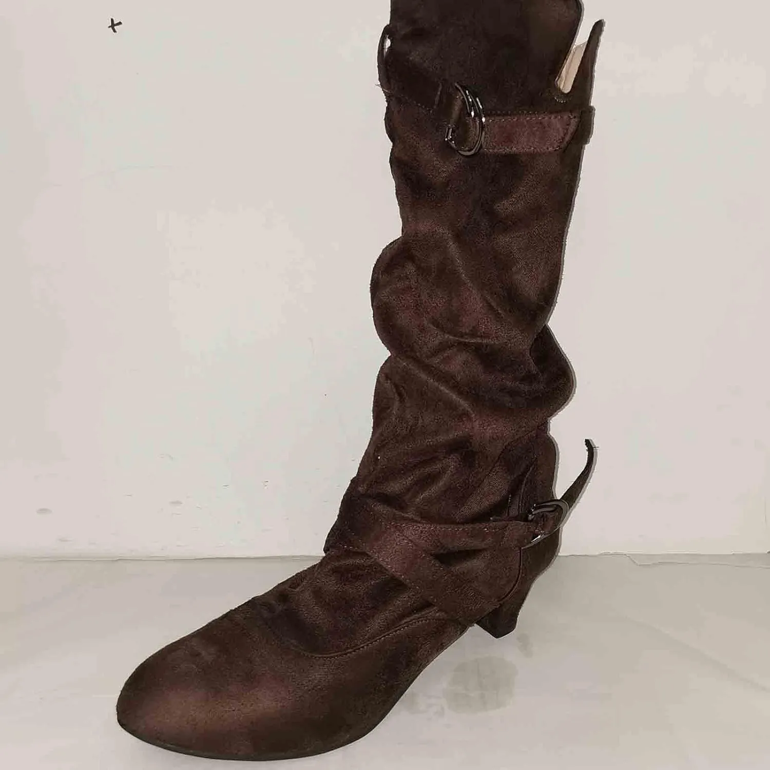 Cowboy Boots For Women Suede Cross Belt Thigh High Boots Low Heeled Pull On Knee High Boots Mid Calf Bootie
