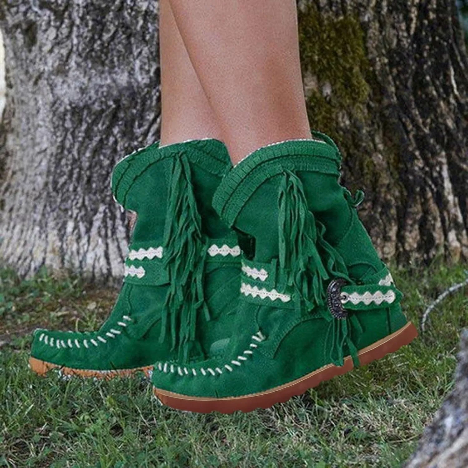 Cowboy Boots For Women Tassel Flat Cowboy Boots Suede Buckle Wedge Cowgirl Western Ankle Booties Ankle Bootie