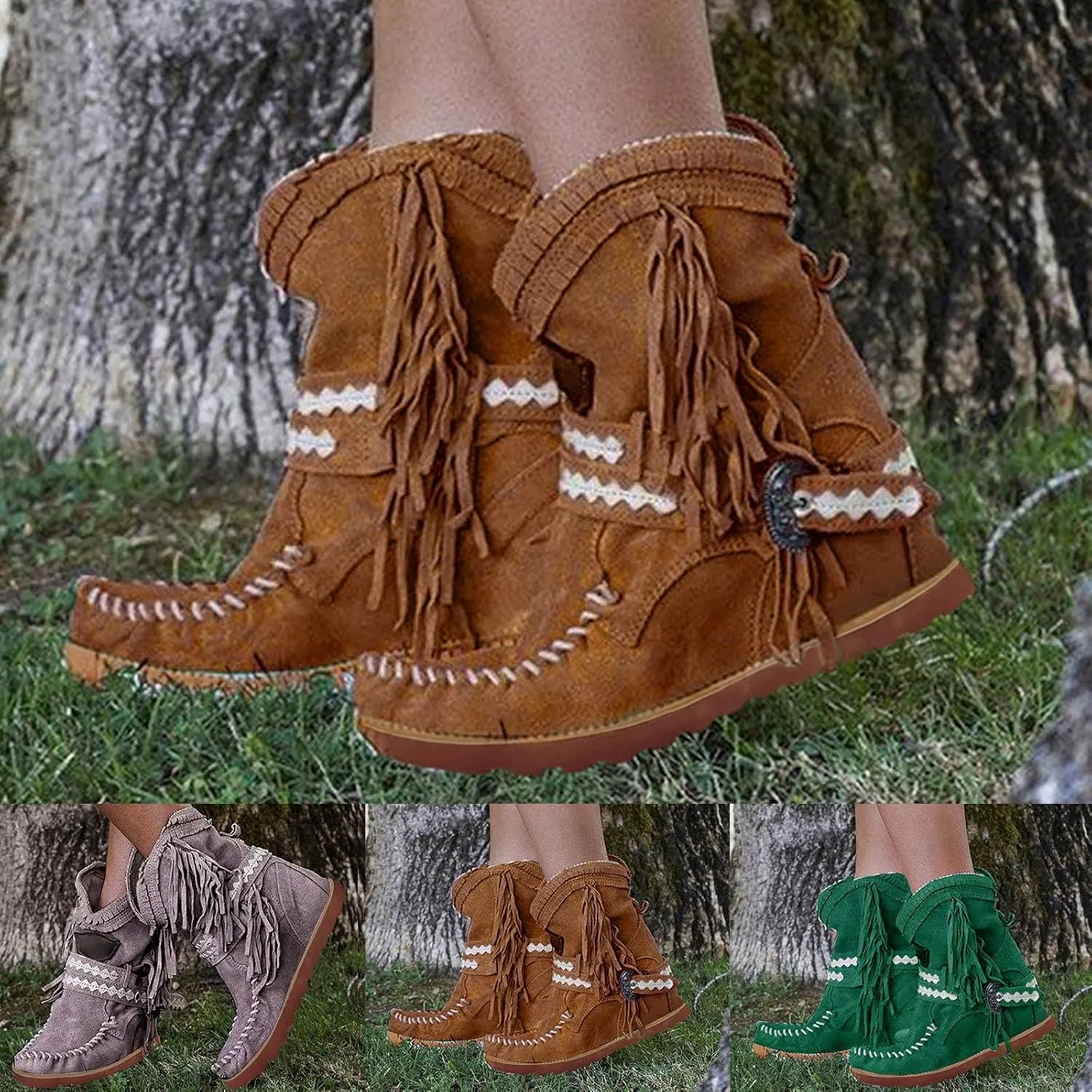 Cowboy Boots For Women Tassel Flat Cowboy Boots Suede Buckle Wedge Cowgirl Western Ankle Booties Ankle Bootie