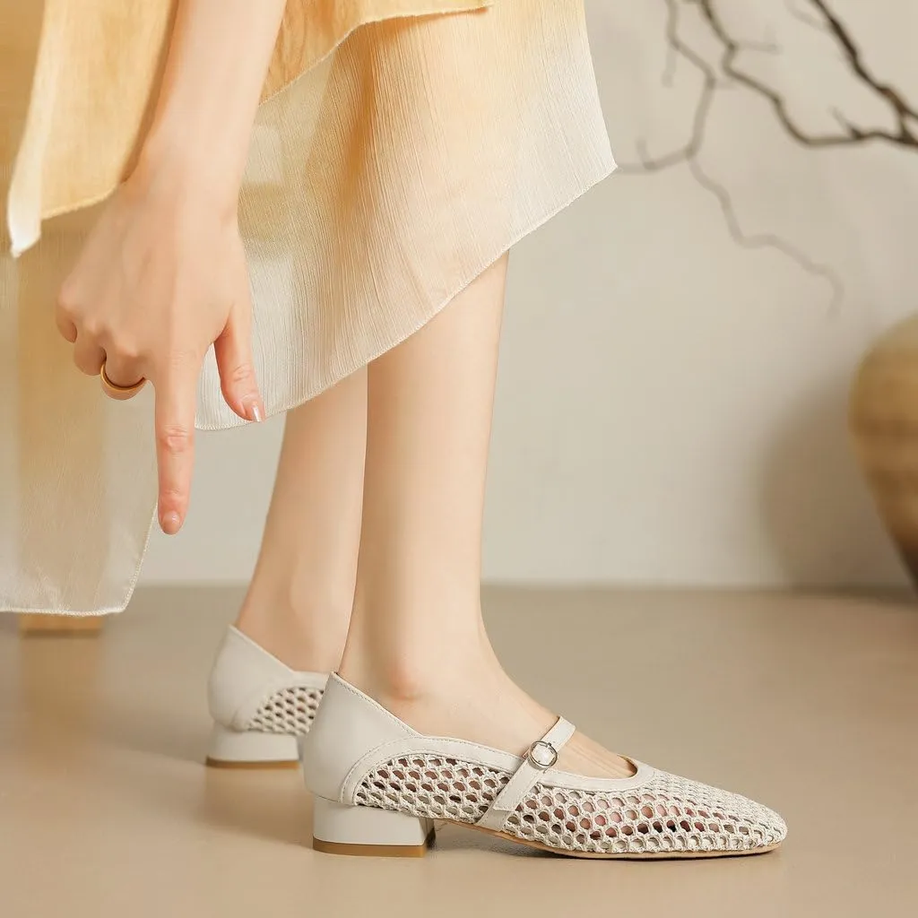 DINTAHA Mesh Ballet Flats, Chunky Low Heel Mary Janes,Buckle Flats Summer Shoes