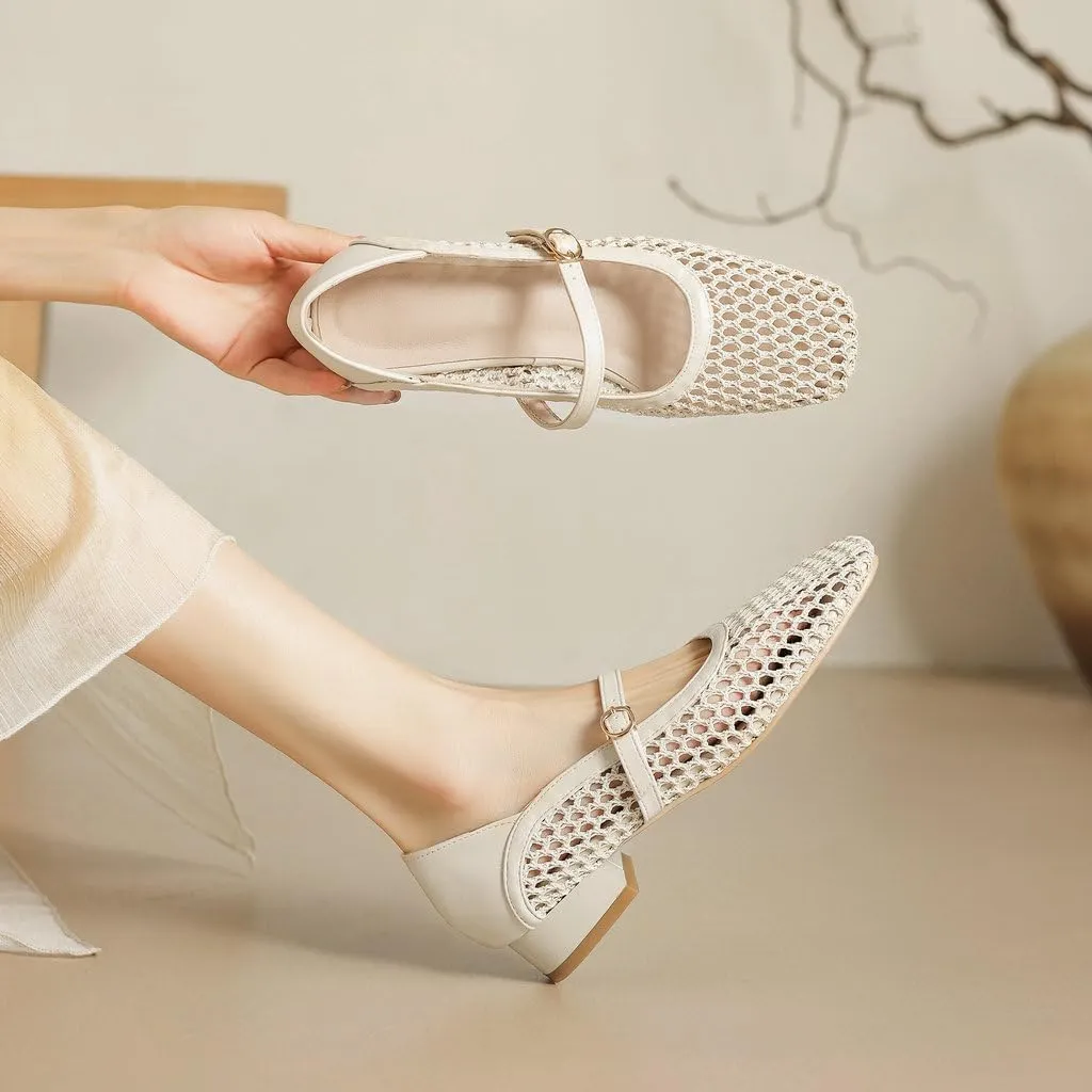 DINTAHA Mesh Ballet Flats, Chunky Low Heel Mary Janes,Buckle Flats Summer Shoes