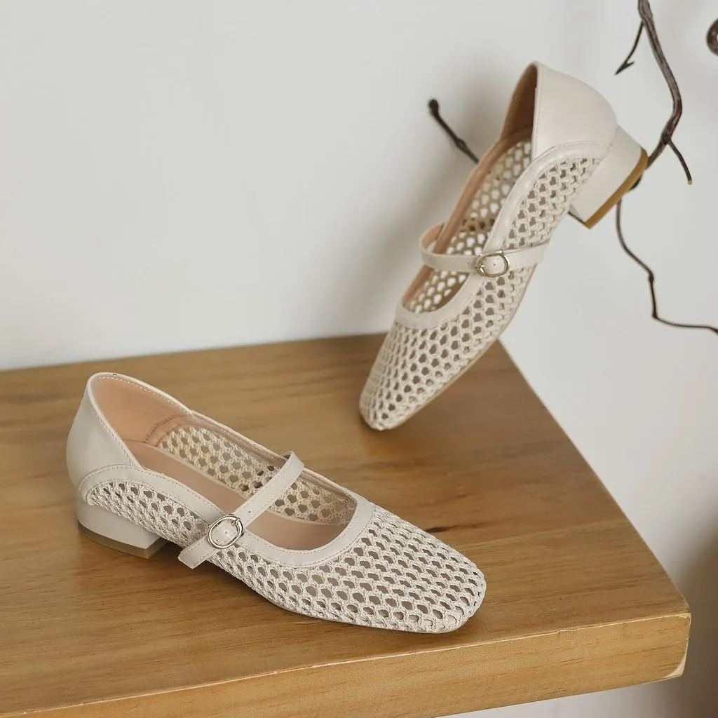 DINTAHA Mesh Ballet Flats, Chunky Low Heel Mary Janes,Buckle Flats Summer Shoes