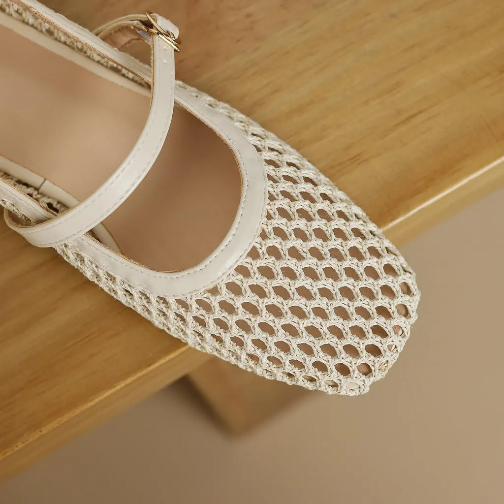 DINTAHA Mesh Ballet Flats, Chunky Low Heel Mary Janes,Buckle Flats Summer Shoes