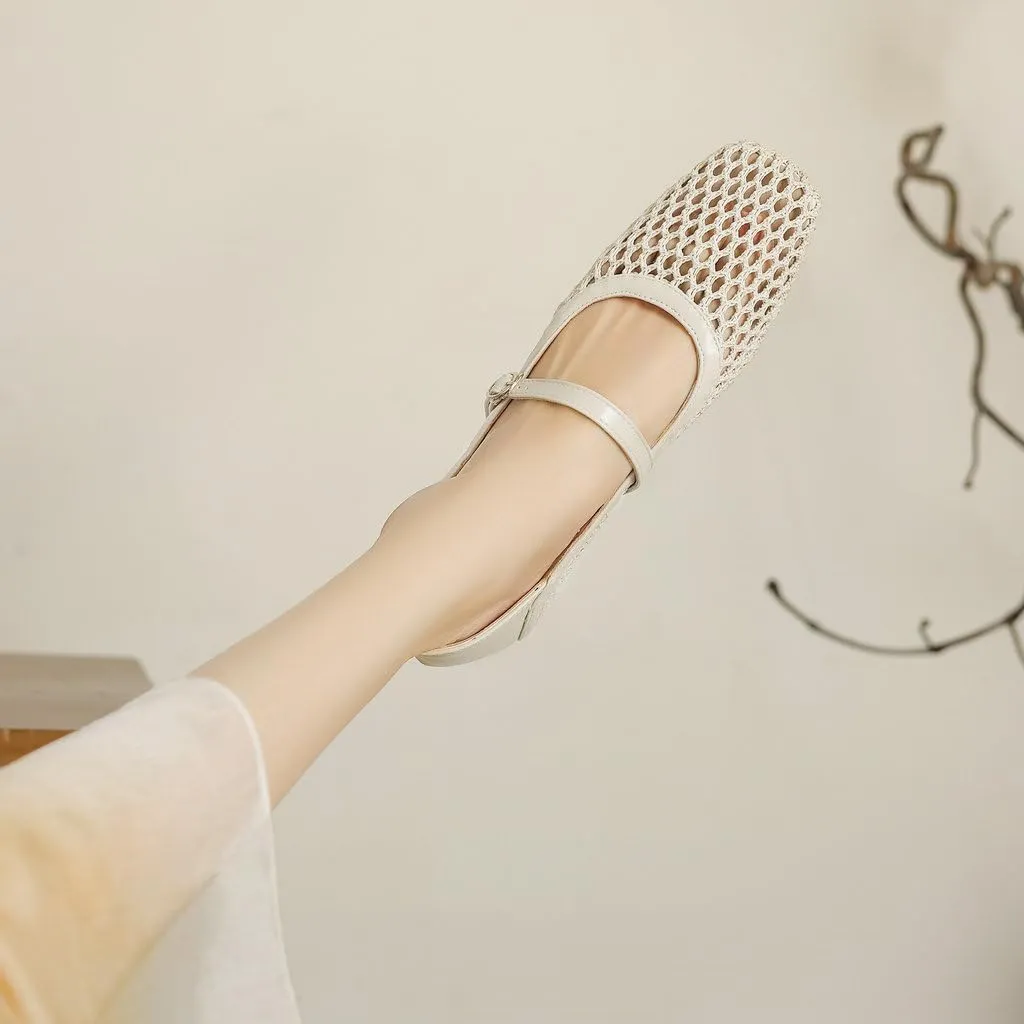 DINTAHA Mesh Ballet Flats, Chunky Low Heel Mary Janes,Buckle Flats Summer Shoes