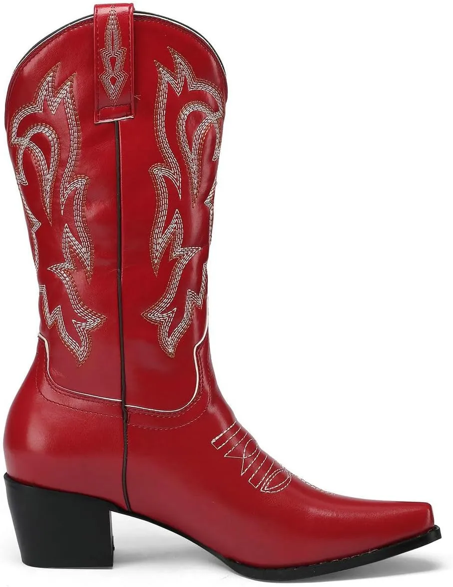 DINTAHA Mid Calf Cowboy Boots Embroidered Western Boots Pointed Toe Chunky Heel Cowgirl Boots