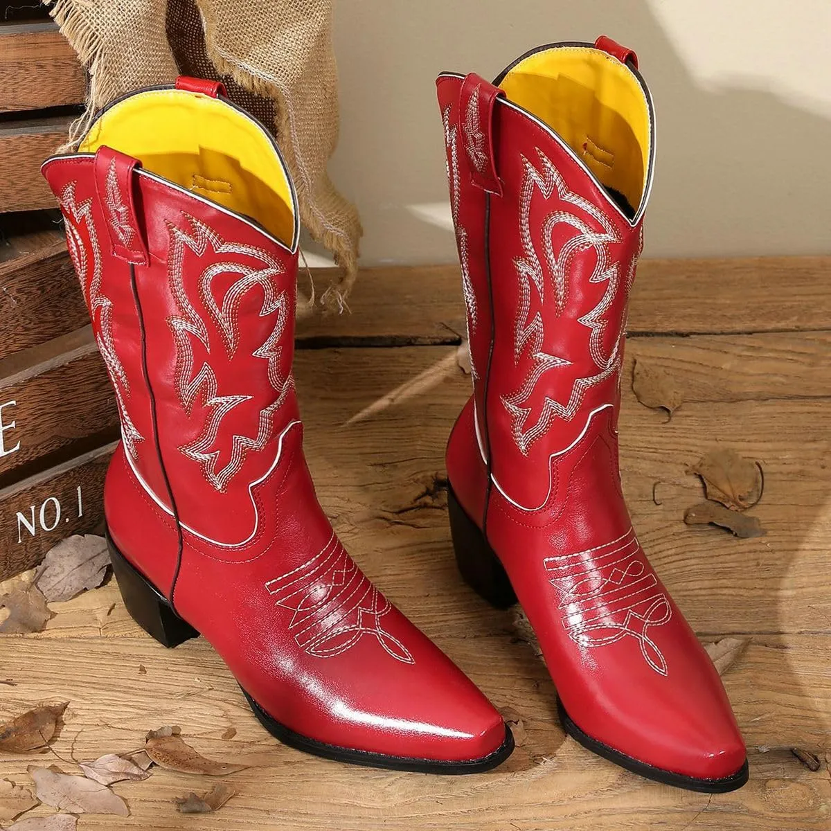 DINTAHA Mid Calf Cowboy Boots Embroidered Western Boots Pointed Toe Chunky Heel Cowgirl Boots