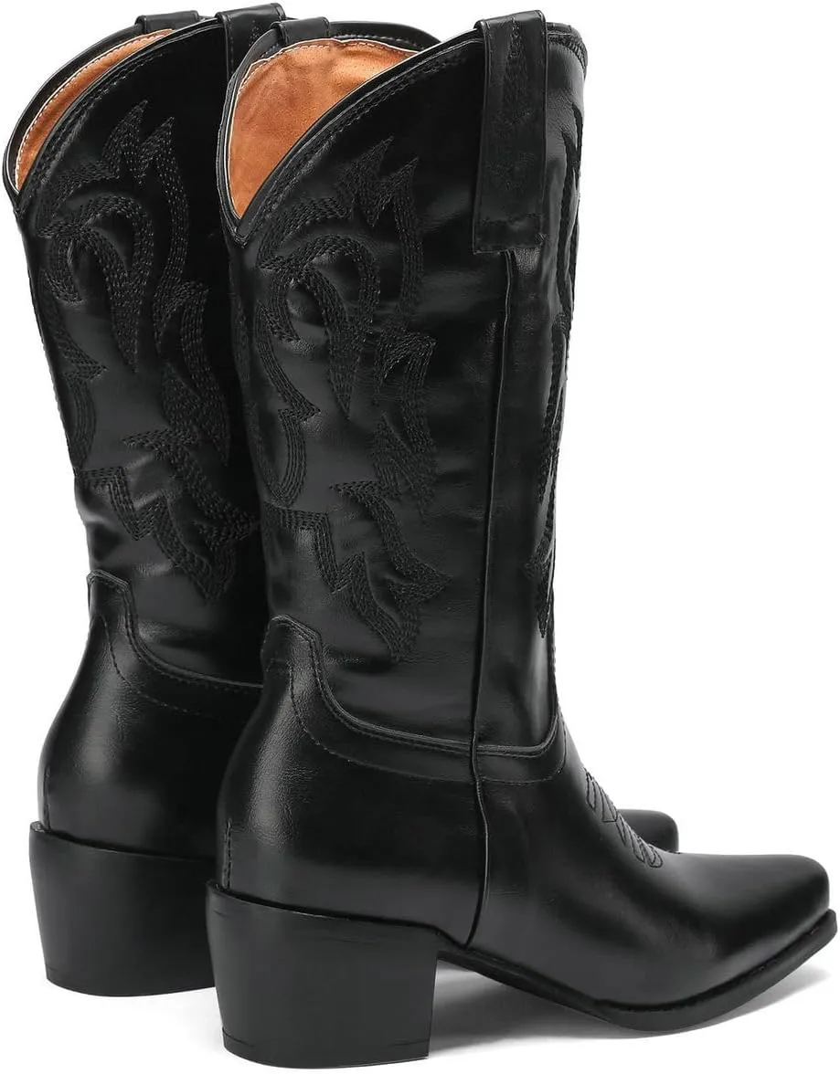 DINTAHA Mid Calf Cowboy Boots Embroidered Western Boots Pointed Toe Chunky Heel Cowgirl Boots