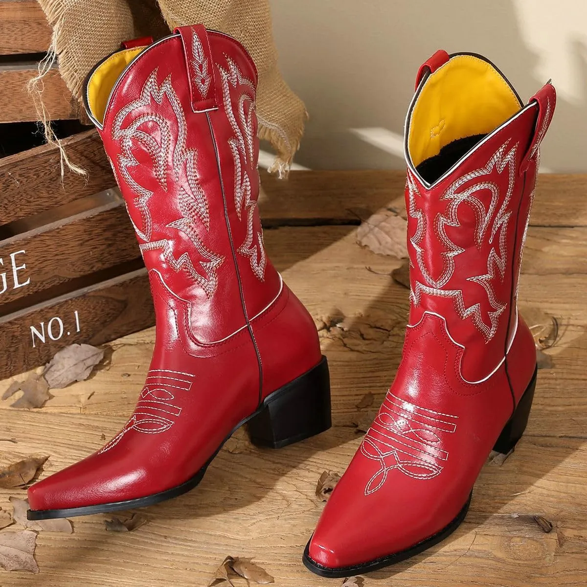 DINTAHA Mid Calf Cowboy Boots Embroidered Western Boots Pointed Toe Chunky Heel Cowgirl Boots