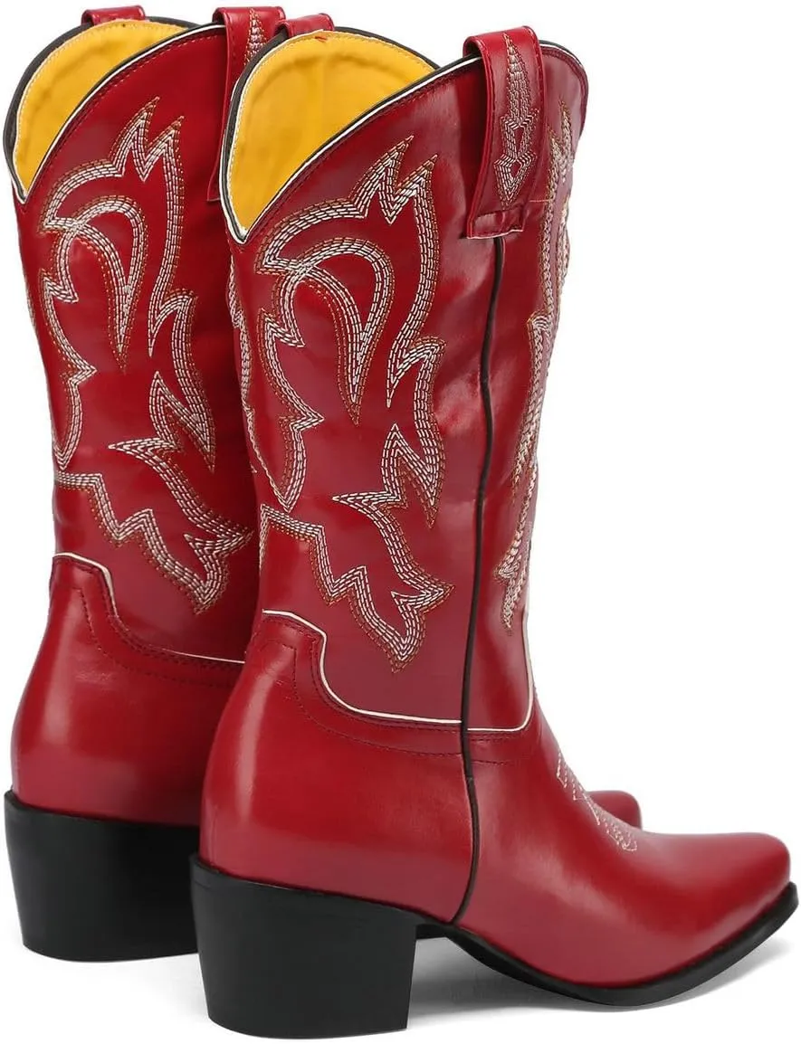 DINTAHA Mid Calf Cowboy Boots Embroidered Western Boots Pointed Toe Chunky Heel Cowgirl Boots