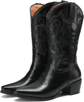 DINTAHA Mid Calf Cowboy Boots Embroidered Western Boots Pointed Toe Chunky Heel Cowgirl Boots