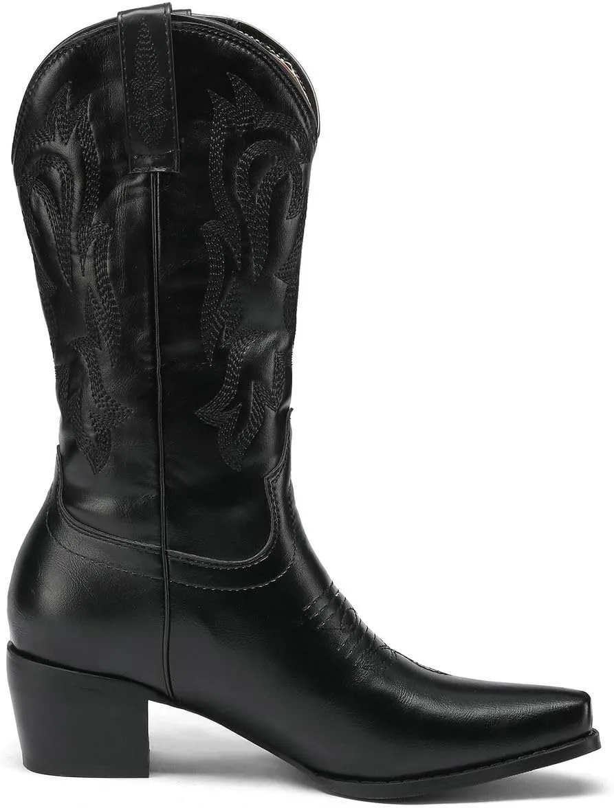 DINTAHA Mid Calf Cowboy Boots Embroidered Western Boots Pointed Toe Chunky Heel Cowgirl Boots
