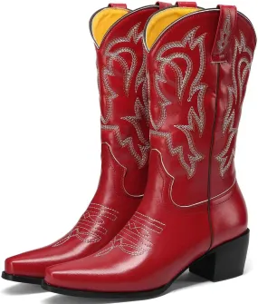 DINTAHA Mid Calf Cowboy Boots Embroidered Western Boots Pointed Toe Chunky Heel Cowgirl Boots