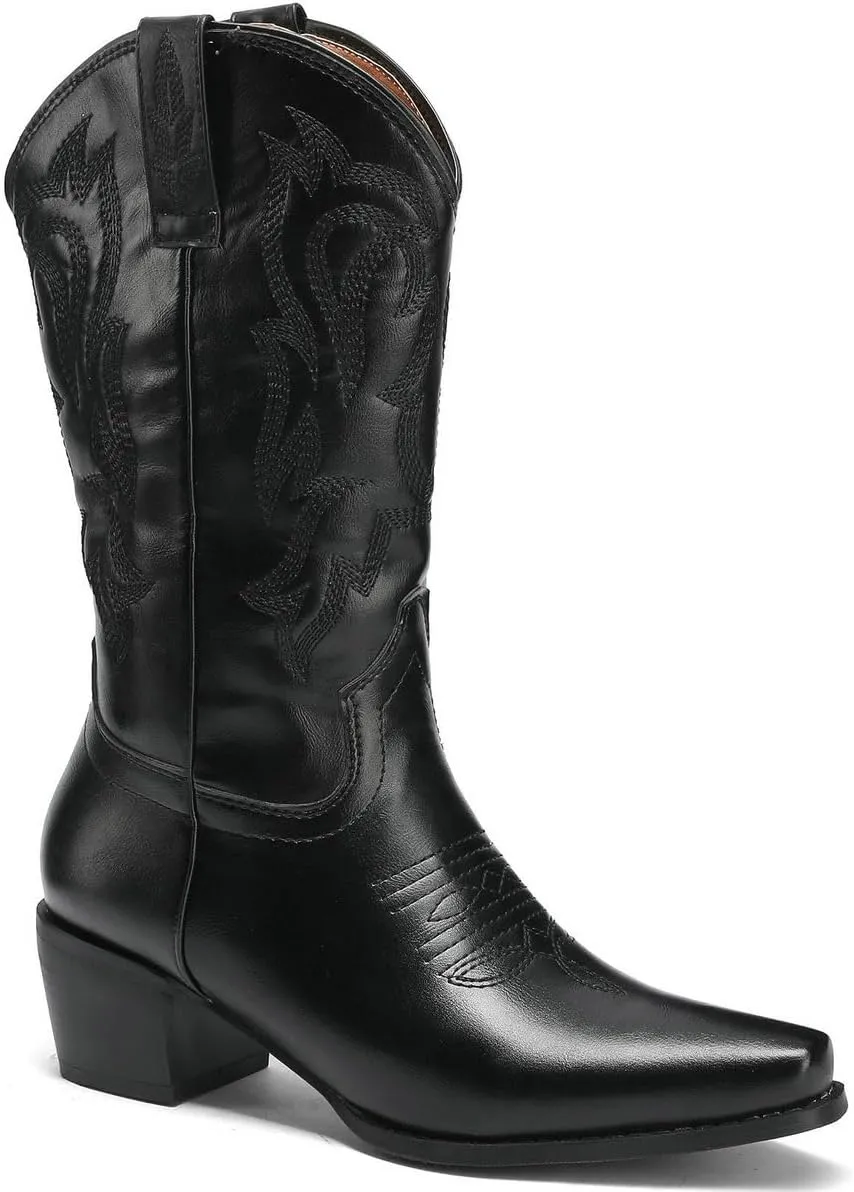DINTAHA Mid Calf Cowboy Boots Embroidered Western Boots Pointed Toe Chunky Heel Cowgirl Boots