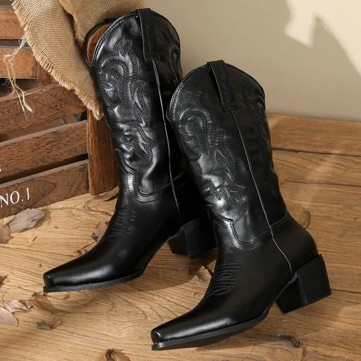 DINTAHA Mid Calf Cowboy Boots Embroidered Western Boots Pointed Toe Chunky Heel Cowgirl Boots