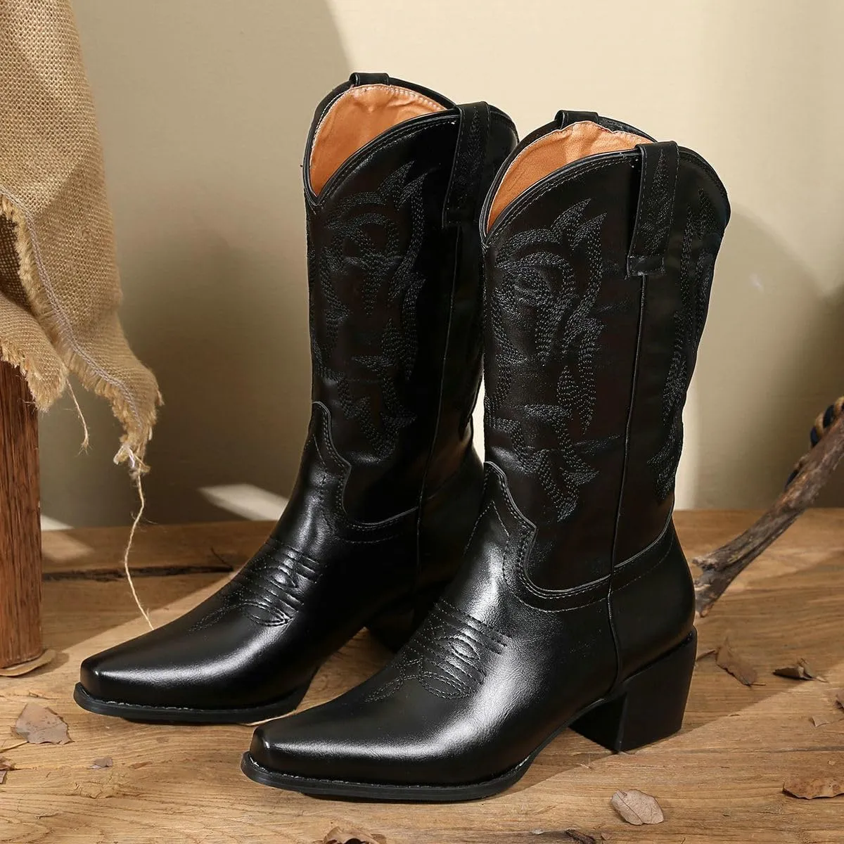 DINTAHA Mid Calf Cowboy Boots Embroidered Western Boots Pointed Toe Chunky Heel Cowgirl Boots