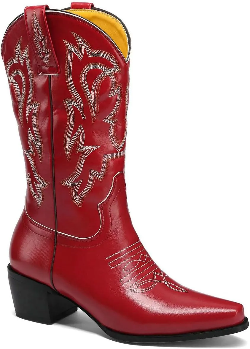 DINTAHA Mid Calf Cowboy Boots Embroidered Western Boots Pointed Toe Chunky Heel Cowgirl Boots