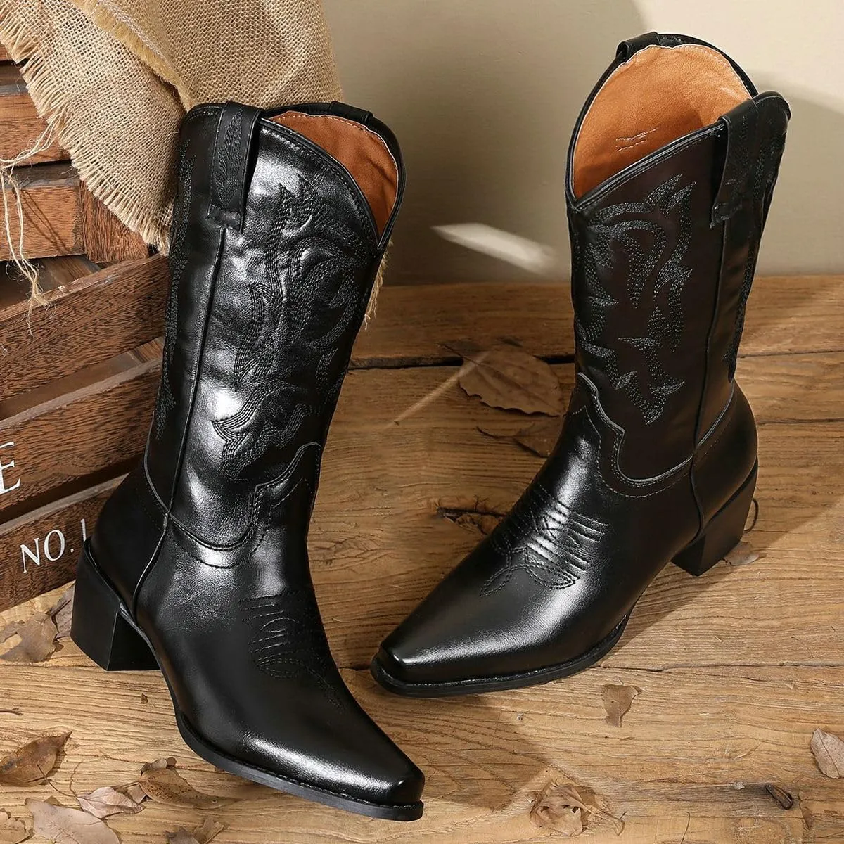 DINTAHA Mid Calf Cowboy Boots Embroidered Western Boots Pointed Toe Chunky Heel Cowgirl Boots