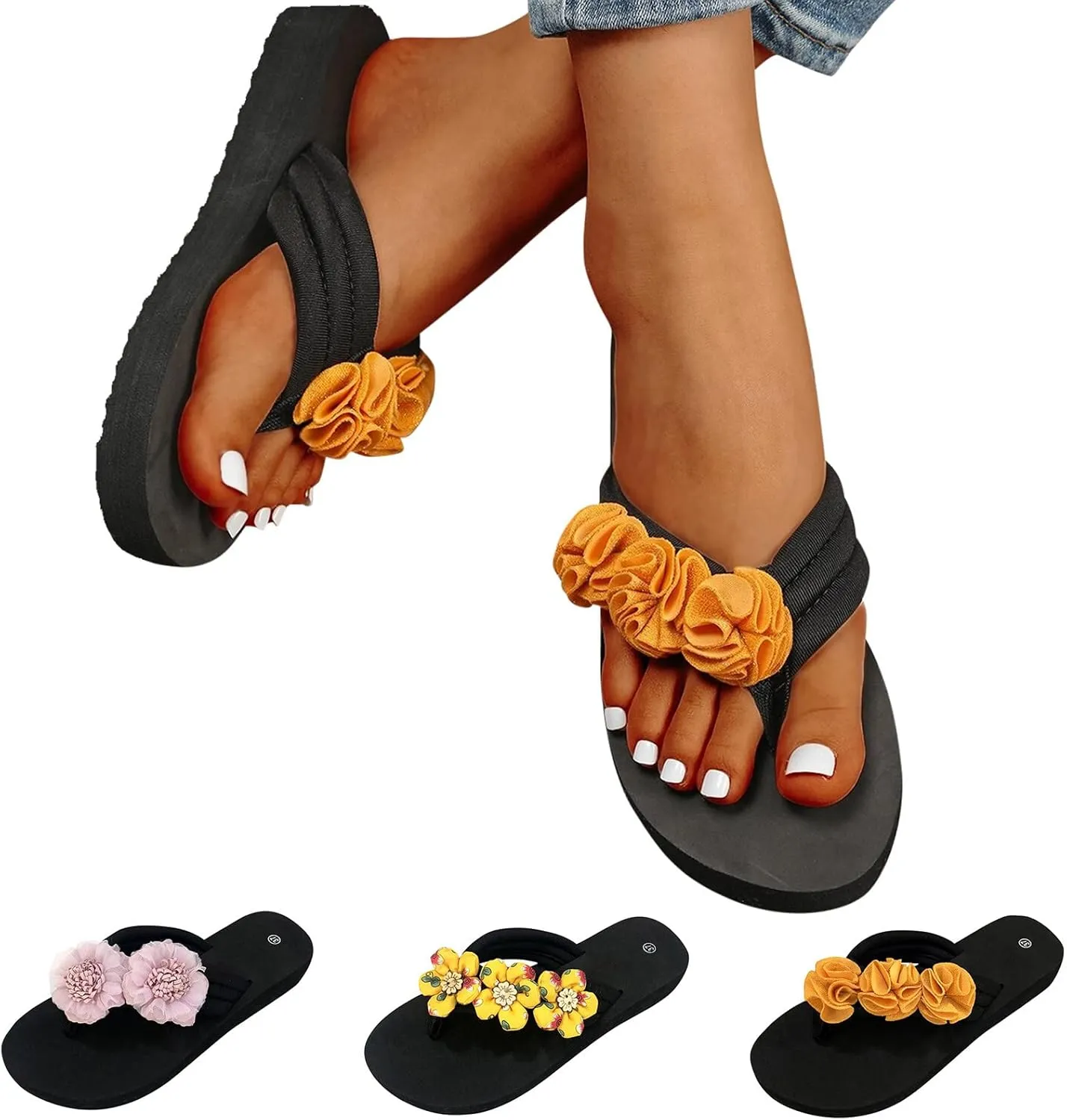 Flip Flops for Women Wedge High Heel Flipflops Sandals Flower Platform Comfort Slippers Summer Beach Thong Sandals