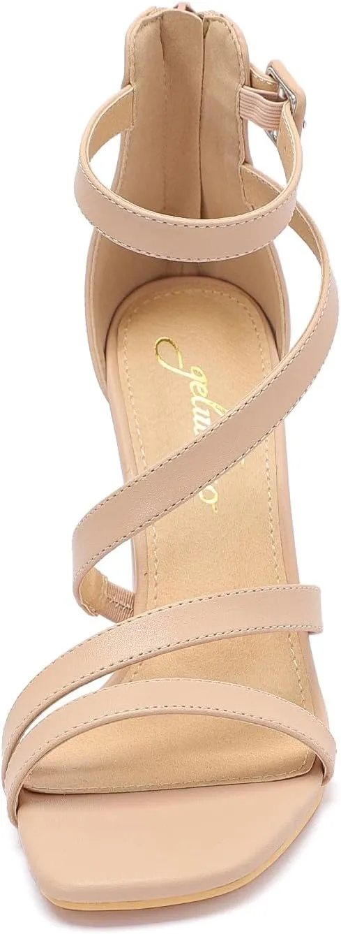 geluboao Heels for Womens Sexy Open Square Toe Strappy Chunky High Heels Sandals Ankle Strap Buckle Block Heeled Sandals