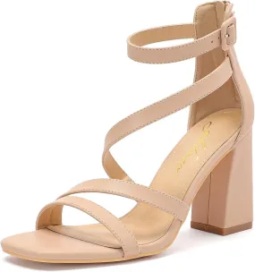 geluboao Heels for Womens Sexy Open Square Toe Strappy Chunky High Heels Sandals Ankle Strap Buckle Block Heeled Sandals