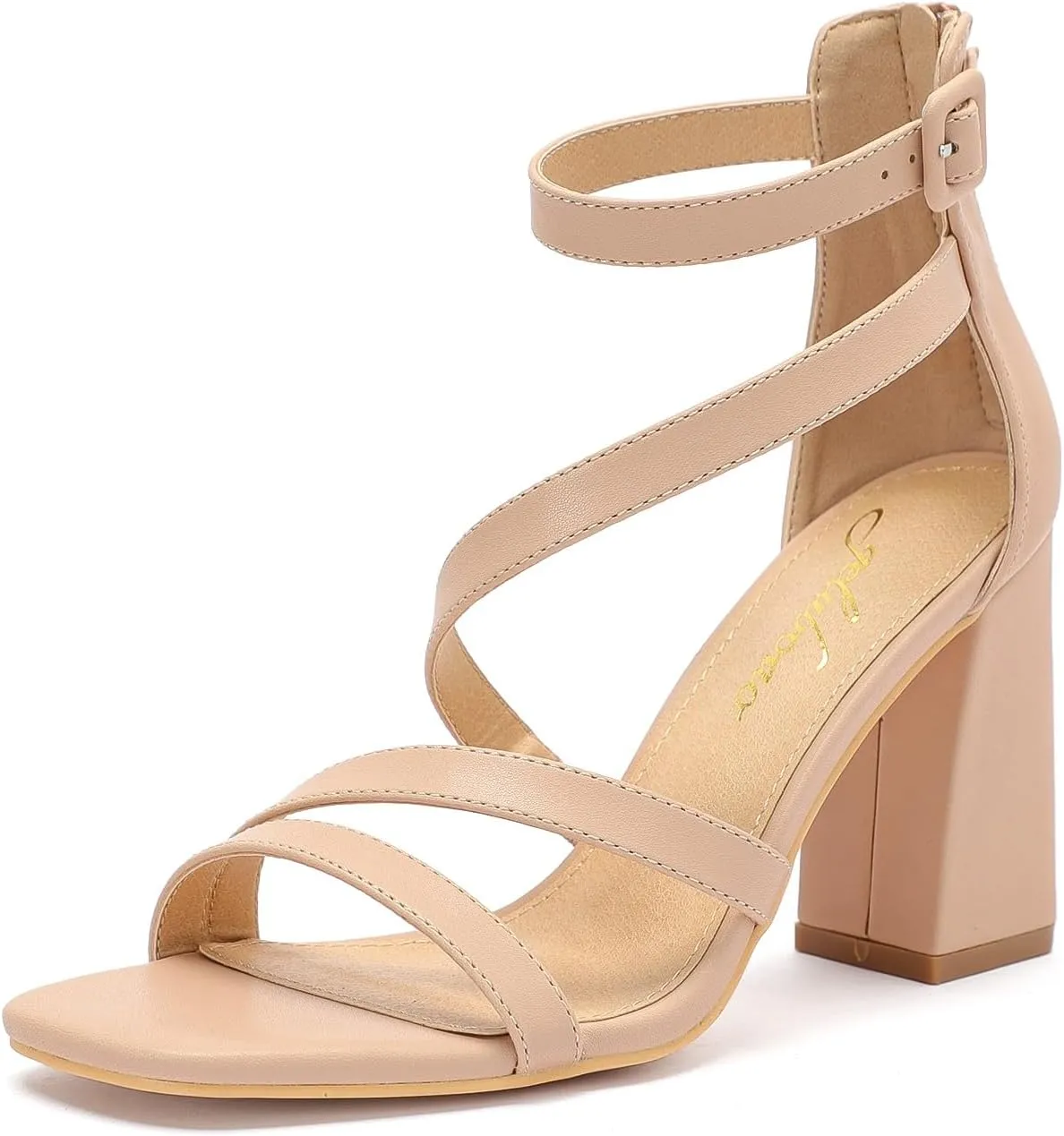 geluboao Heels for Womens Sexy Open Square Toe Strappy Chunky High Heels Sandals Ankle Strap Buckle Block Heeled Sandals