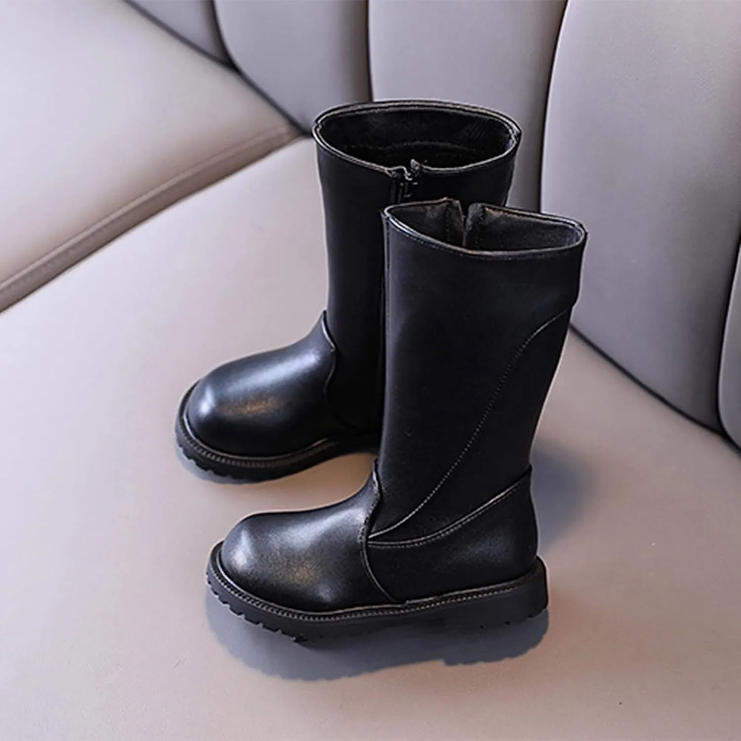 Girl's Mid-Calf Knee-High Boots Lug Sole Low Heel Riding Boots Side Zipper Non-Slip Long Boots Fashion Winter Shoes
