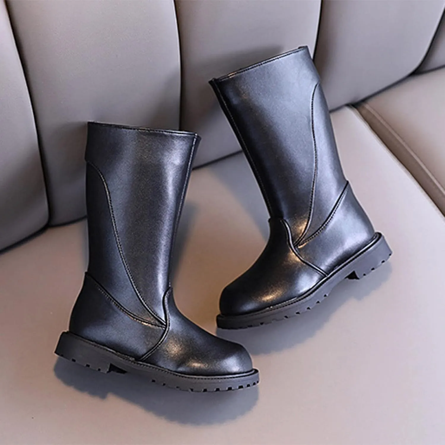 Girl's Mid-Calf Knee-High Boots Lug Sole Low Heel Riding Boots Side Zipper Non-Slip Long Boots Fashion Winter Shoes
