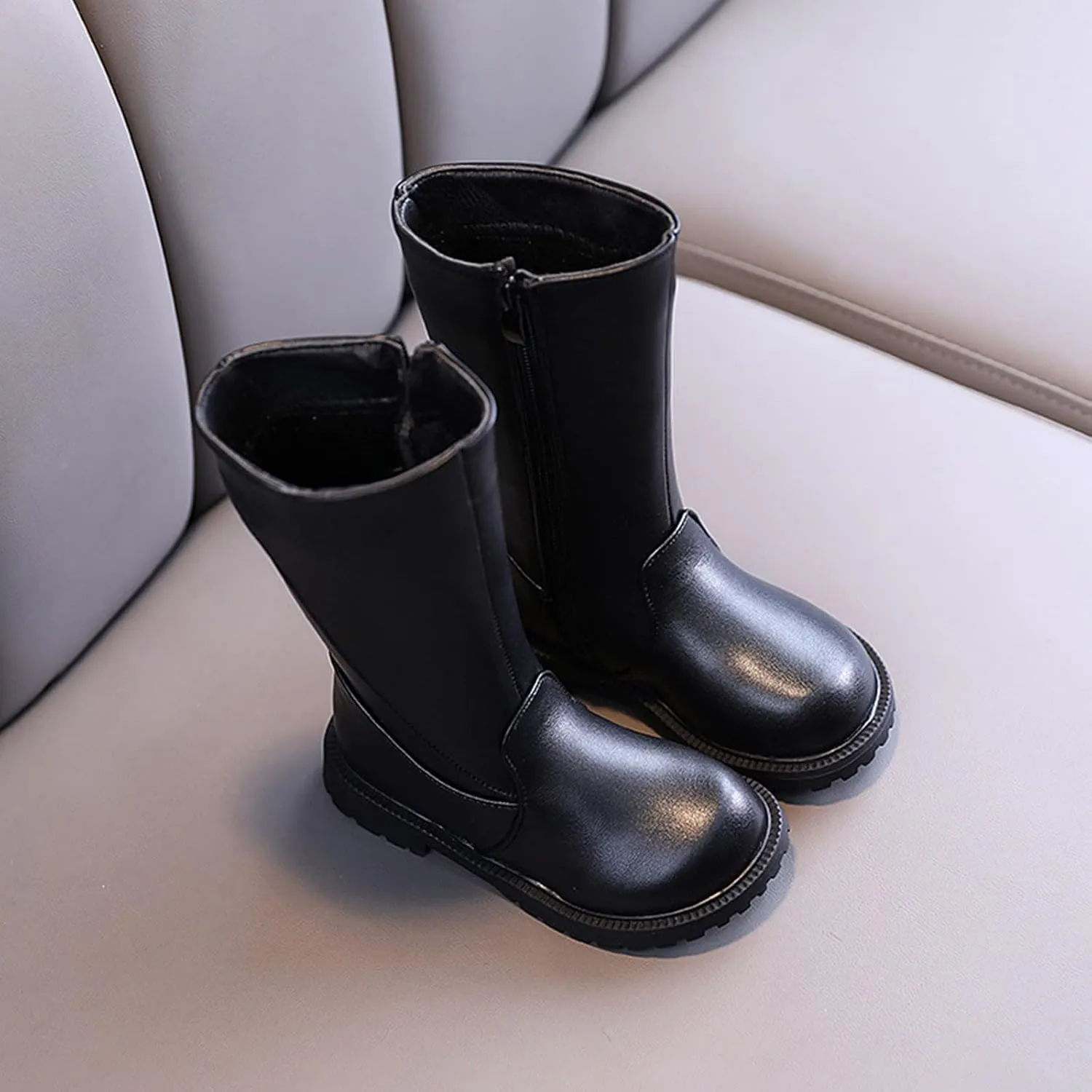 Girl's Mid-Calf Knee-High Boots Lug Sole Low Heel Riding Boots Side Zipper Non-Slip Long Boots Fashion Winter Shoes