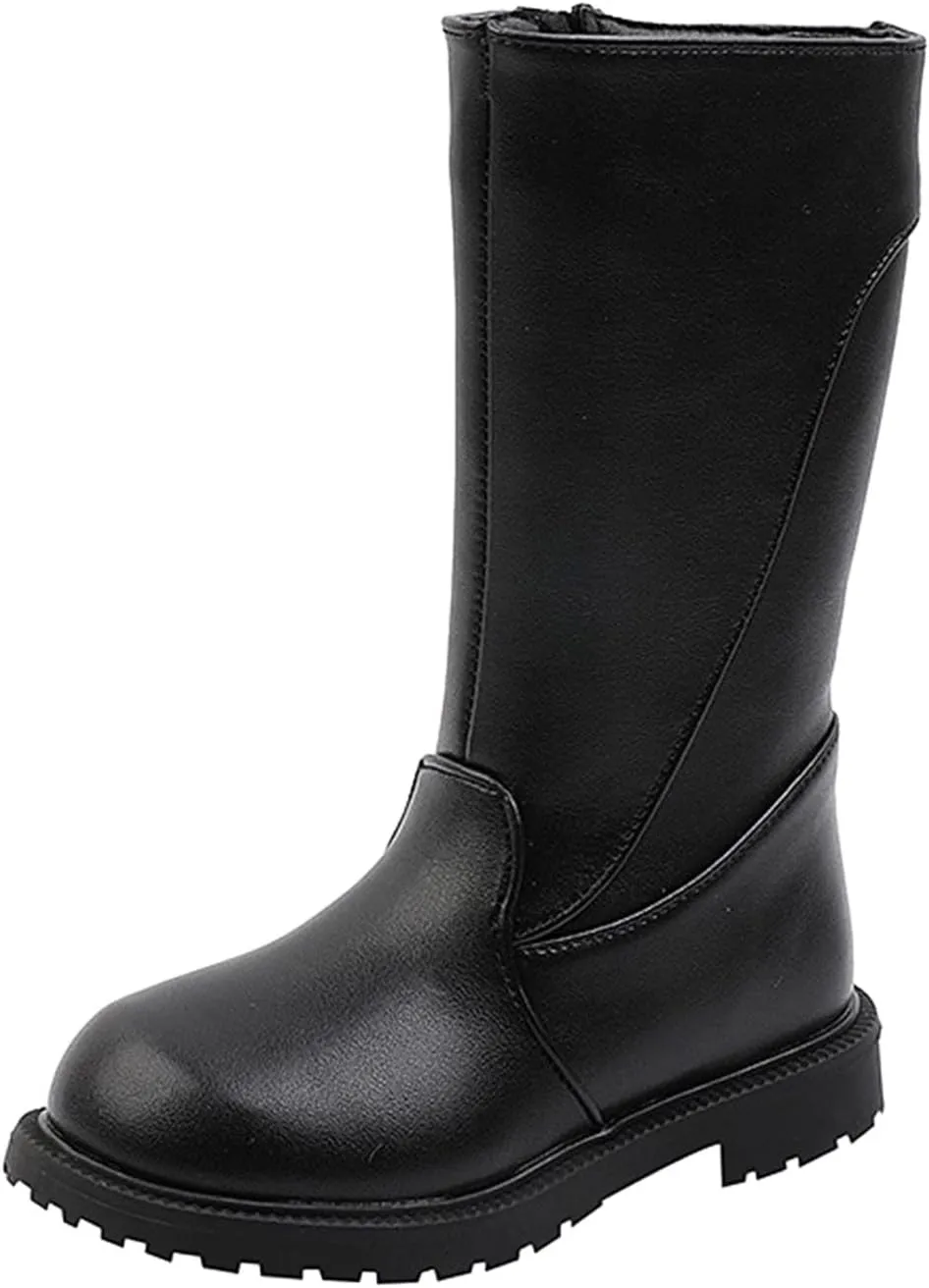 Girl's Mid-Calf Knee-High Boots Lug Sole Low Heel Riding Boots Side Zipper Non-Slip Long Boots Fashion Winter Shoes