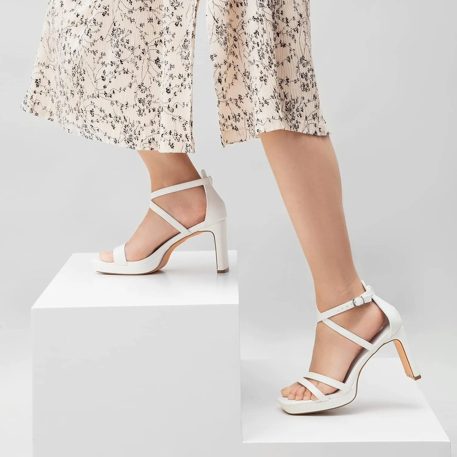 Greatonu Women's Heeled Sandals Open Toe Ankle Strap Strappy High Chunky Block Heel Pump Sandals Platform Heels Nude